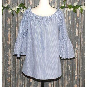 Mileage Blue Striped Embroidered Roses Blouse Top Plus Size 1X 3/4 Bell Sleeve